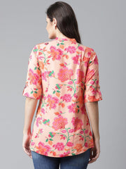 Eshani Rayon Peach Floral Print Shirt Style A-Line Top - Eshani world