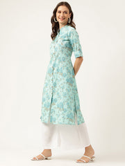 Eshani Sea Green Floral Printed Cotton A-Line Kurta