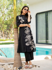 Eshani Black Floral Printed Cotton A-line Fit Kurta Pant Set