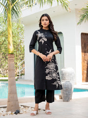 Eshani Black Floral Printed Cotton A-line Fit Kurta Pant Set