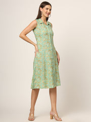 ESHANI Green Floral Print A-Line Midi Dress