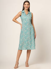 ESHANI Sky Blue Floral Print A-Line Midi Dress