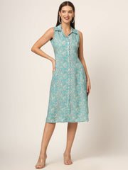 ESHANI Sky Blue Floral Print A-Line Midi Dress