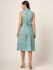 ESHANI Sky Blue Floral Print A-Line Midi Dress