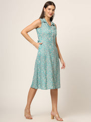 ESHANI Sky Blue Floral Print A-Line Midi Dress