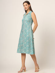 ESHANI Sky Blue Floral Print A-Line Midi Dress