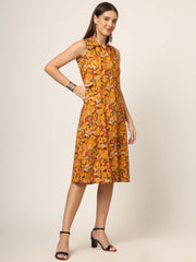 ESHANI Yellow Floral Print A-Line Midi Dress