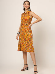ESHANI Yellow Floral Print A-Line Midi Dress