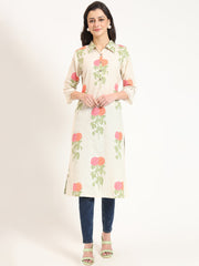 ESHANI Cream Pink Floral Print Cotton Fabric Kurta