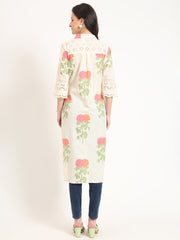 ESHANI Cream Pink Floral Print Cotton Fabric Kurta