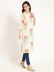 ESHANI Cream Pink Floral Print Cotton Fabric Kurta