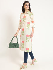 ESHANI Cream Pink Floral Print Cotton Fabric Kurta