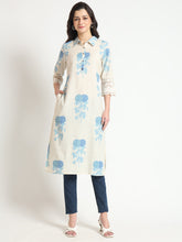 ESHANI Cream Blue Floral Print Cotton Fabric A-Line Kurta