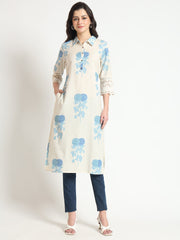 ESHANI Cream Blue Floral Print Cotton Fabric A-Line Kurta