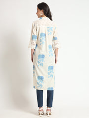 ESHANI Cream Blue Floral Print Cotton Fabric A-Line Kurta