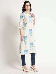 ESHANI Cream Blue Floral Print Cotton Fabric A-Line Kurta