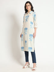 ESHANI Cream Blue Floral Print Cotton Fabric A-Line Kurta