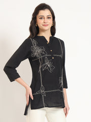 ESHANI Black Embroidery Cotton Fabric Satraight Top