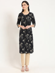 ESHANI Black Floral Print Cotton Fabric A-line Kurta