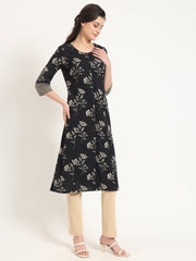 ESHANI Black Floral Print Cotton Fabric A-line Kurta