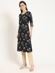 ESHANI Black Floral Print Cotton Fabric A-line Kurta