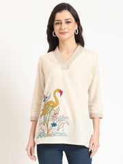 ESHANI Off White Cotton V-Neck Embroidery Top