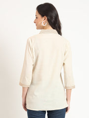 ESHANI Off White Cotton V-Neck Embroidery Top