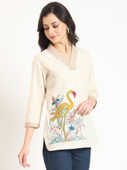 ESHANI Off White Cotton V-Neck Embroidery Top