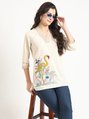 ESHANI Off White Cotton V-Neck Embroidery Top