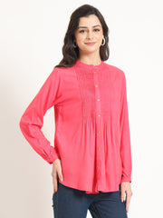 ESHANI Peach Solid Print Rayon Fabric Straight Top