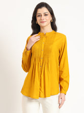 ESHANI Mustard Solid Print Rayon Fabric Straight Top