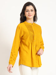 ESHANI Mustard Solid Print Rayon Fabric Straight Top
