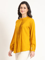 ESHANI Mustard Solid Print Rayon Fabric Straight Top