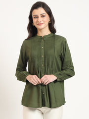 ESHANI Olive Solid Print Rayon Pintuck Detailing Top