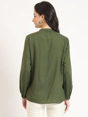 ESHANI Olive Solid Print Rayon Pintuck Detailing Top