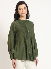 ESHANI Olive Solid Print Rayon Pintuck Detailing Top