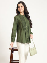 ESHANI Olive Solid Print Rayon Pintuck Detailing Top