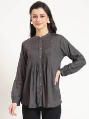 ESHANI Grey Solid Print Rayon Fabric Straight Top