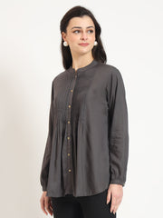 ESHANI Grey Solid Print Rayon Fabric Straight Top