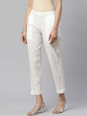 Eshani Women Off-White Comfort Regular Fit Solid Cotton Cigarette Trousers