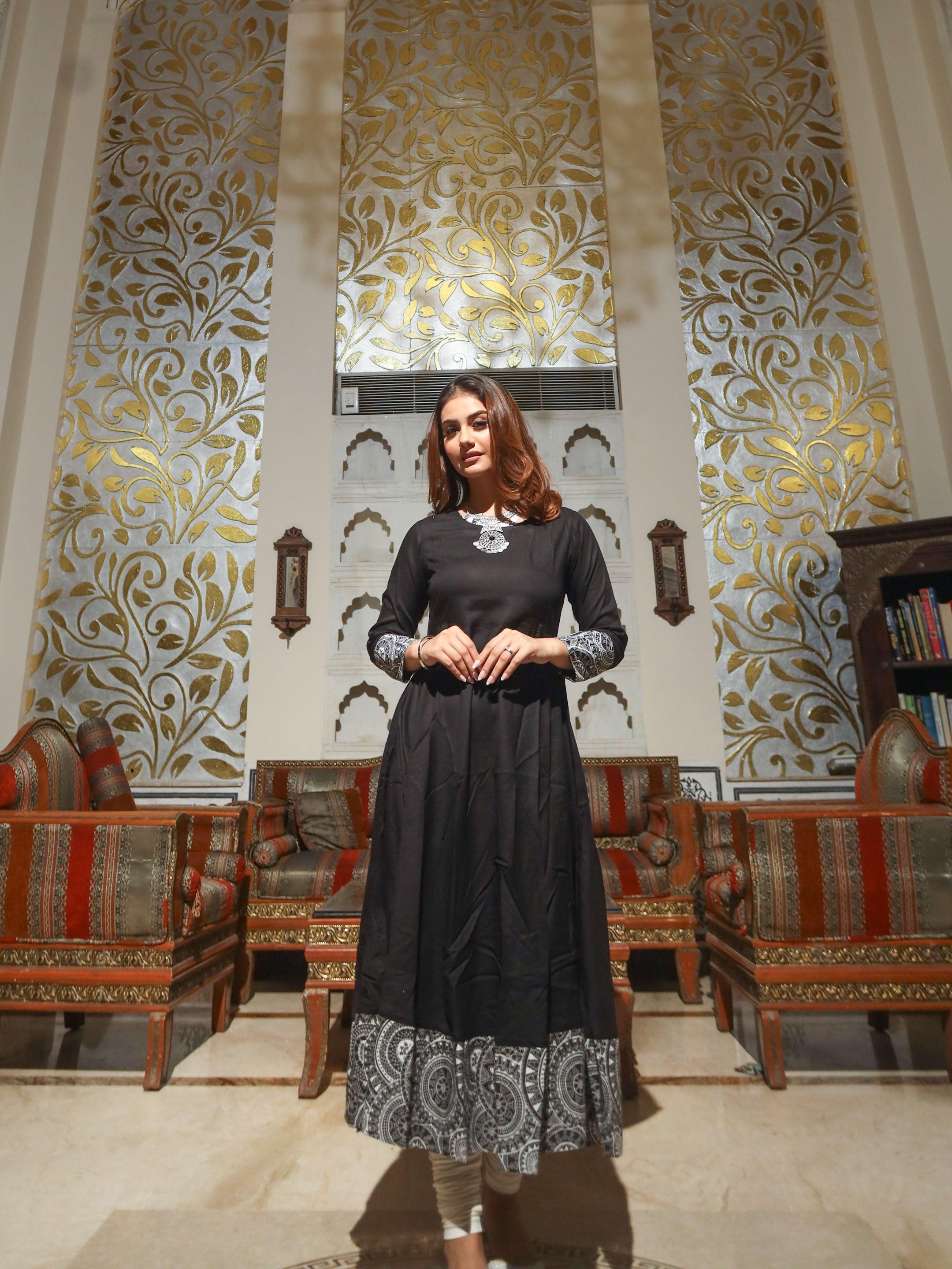 Eshani Black Rayon A-line Kurti - divenaworld.com