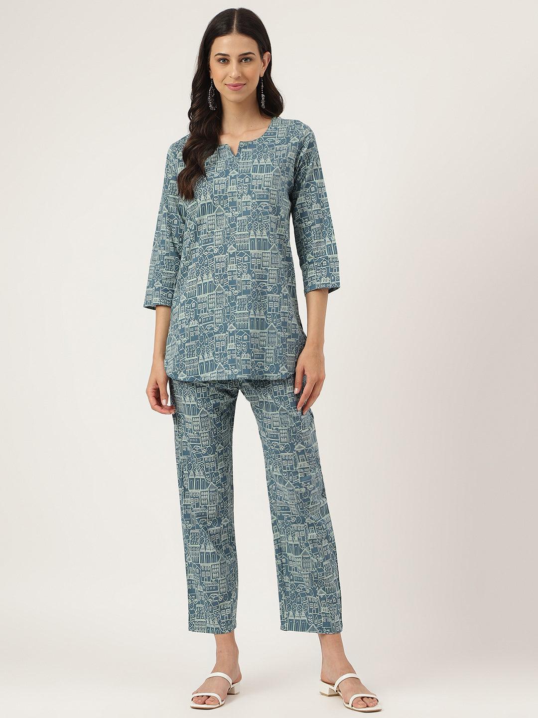 Eshani Teal Blue Printed Loungewear/Nightwear - Eshani world
