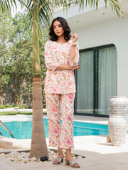ESHANI Cream Floral Print Cotton Regular Fit Night Suit Set