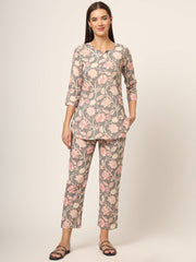 ESHANI Grey Floral Print Cotton Regular Fit Night Suit