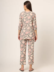 ESHANI Grey Floral Print Cotton Regular Fit Night Suit