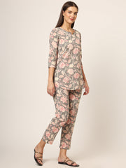 ESHANI Grey Floral Print Cotton Regular Fit Night Suit