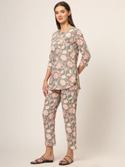 ESHANI Grey Floral Print Cotton Regular Fit Night Suit