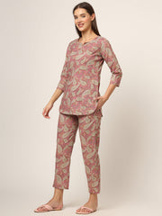 ESHANI Pink Floral Print Cotton Regular Fit Night Suit