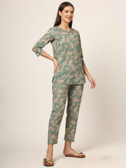 ESHANI Green Floral Print Cotton Regular Fit Night Suit