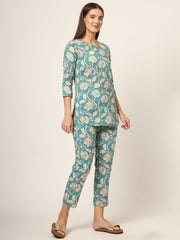 ESHANI Green Floral Print Cotton Regular Fit Night Suit